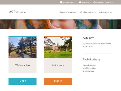 mš čakovice - jsme mateřská škola rodinného typu, se dvěma třídami na každém pracovišti. zaměřujeme se na individuální přístup ke každému dítěti a využíváme přírodu a pobyt venku kpoznávání, hře i udržování zdravé kondice. ktomu nám slouží krásné školní zahrádky i okolní příroda okrajové městské části praha 9 čakovice.