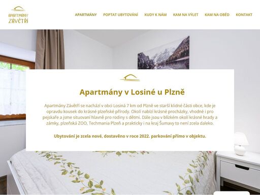 ubytování v novém apartmánu v losiné u plzně. okolí nabízí krásné procházky, vhodné i pro pejskaře a jsme situovaní pro rodiny s dětmi.