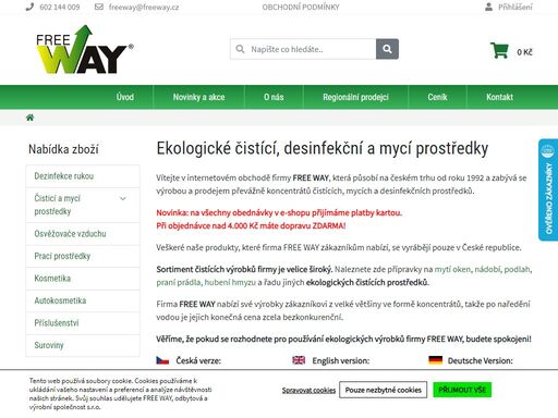společnost free way působí na českém trhu od roku 1992 a zabývá se výrobou a distribucí ekologických čistících, mycích a dezinfekčních prostředků.