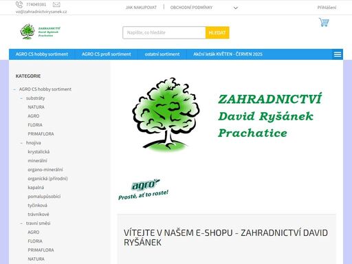 vítejte v našem e-shopu - zahradnictví david ryšánek.  
 naše firma se od založení v roce 2004 zabývá prodejem venkovních rostlin a zahrádkářských potřeb, projekcí, realizací a údržbou soukromé, veřejné a firemní zeleně. od roku 2006 jsme začali s pěstováním a dopěstováním okrasných dřevin a trvalek.
           od…