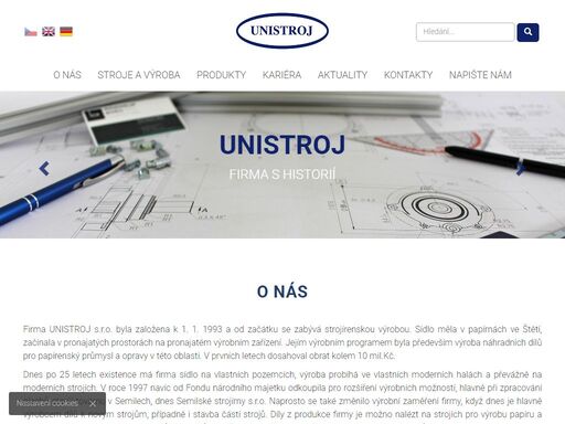 o nás   
firma unistroj s.r.o. byla založena k 1. 1. 1993 a od začátku se zabývá strojírenskou výrobou. sídlo měla v papírnách ve štětí, začínala v...