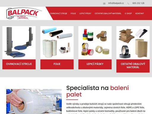 vedle výroby a prodeje balicích strojů provozujeme velkoobchod  obalovým materiálem, zejména strečovými foliemi v transparentním i barevném provedení. nabízíme  ruční  i strojní stretch folie, ldpe folii smrštitelnou i nesmrštitelnou, odpadové pytle, kartony a samozřejmě i kompletní sortiment  lepicích pásek. 