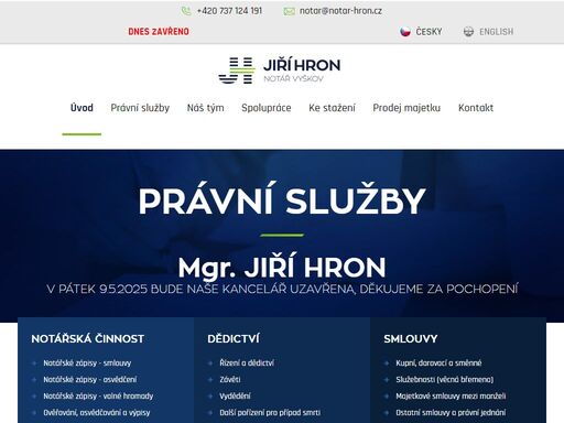 jiří hron - notář vyškov, nabídka právních služeb v oblasti notářské činnosti, dědictví, smluv, obchodních společností a další