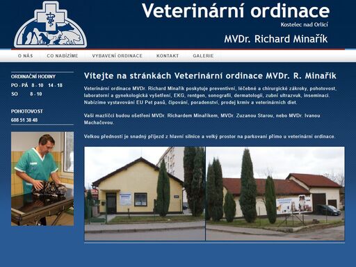 veterinární ordinace mvdr. richard minařík poskytuje preventivní, léčebné a chirurgické zákroky, pohotovost, laboratorní a gynekologická vyšetření, ekg, rentgen, sonografii, dermatologii, zubní ultrazvuk, inseminaci. nabízíme vystavování eu pet pasů, čipování, poradenství, prodej krmiv a veterinárních diet.