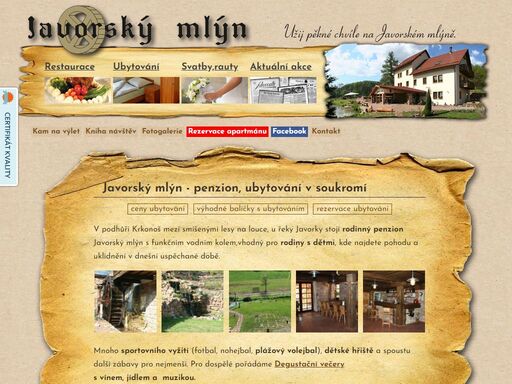 ceny ubytování ve stylovém penzionu javorský mlýn.