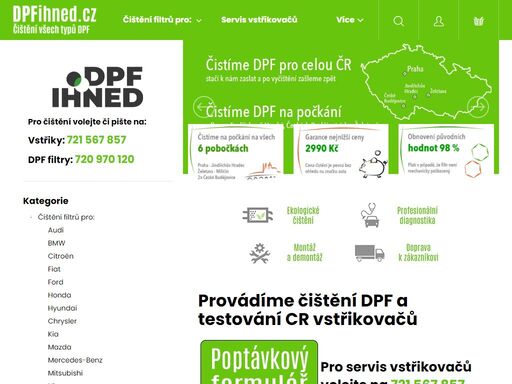 provádíme čištění dpf a testování cr vstřikovačů. pro servis vstřikovačů volejte na 721 567 857 a na servis dpf  filtrů volejte 720 970 120 
 
 
pokud máte pocit, že vám auto nejede jako dřív nebo vám svítí záhadná  kontrolka na palubní desce, může to být zanesený filtr pevných částic. od 1.1.2008 nesmí vozidla s…