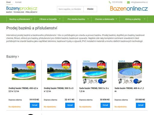 internetový prodej bazénů a bazénového příslušenství. vše co potřebujete pro stavbu a provoz bazénu. prodej bazénů, doplňků pro bazény, bazénové chemie, filtrací, ohřevů pro bazény, příslušenství pro čištění bazénů, bazénové vysavače.