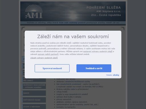 pohřební služba ami zlín - kompletně zajištěný pohřeb. smuteční obřady církevní a civilní. pohřby do země, zpopelnění (kremace), převoz zesnulých. výkop a úprava hrobu, veškeré smuteční náležitosti, kvalitní pohřební výbava, poradenství pozůstalým.