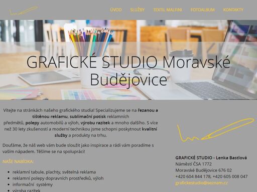grafické studio - moravské budějovice se specializuje na tištěnou a řezanou reklamu, sublimační potisk reklamních předmětů, polepy automobilů a výloh, výrobu razítek a mnoho dalšího.