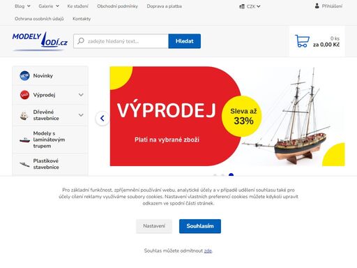 modely lodí, stavebnice, vystřihovánky, plánky, doplňky, materiál, nářadí aj.
