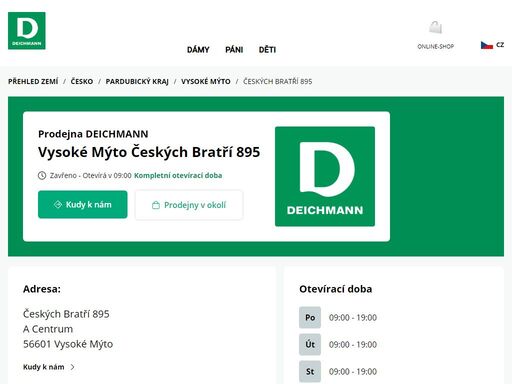 váš prodejnu deichmann českých bratří 895 ve vysoké mýto ? otevřít pracovní dobu a ? telefonní číslo ? zobrazit nyní.