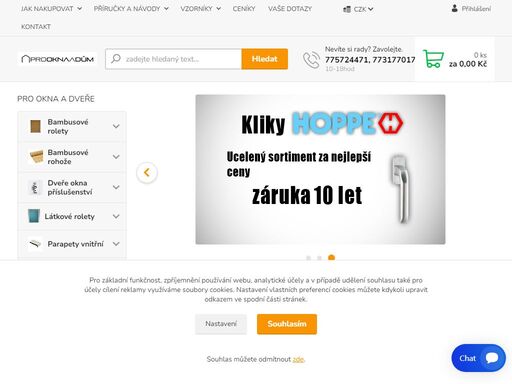 prodáváme parapety, bambusové rolety, látkové rolety, rolety na míru, kliky hoppe, žaluzie, sítě proti hmyzu, korkové podlahy, shrnovací dveře a schody. 