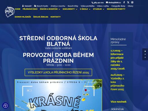 střední odborná škola blatná nabízí 3 maturitní obory: obchodní akademie, informační technologie a elektronické počítače.