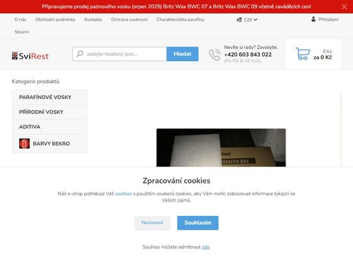 nakupujte kvalitní parafíny a vosky za přijatelné ceny. zboží skladem odesíláme v krátkých termínech..