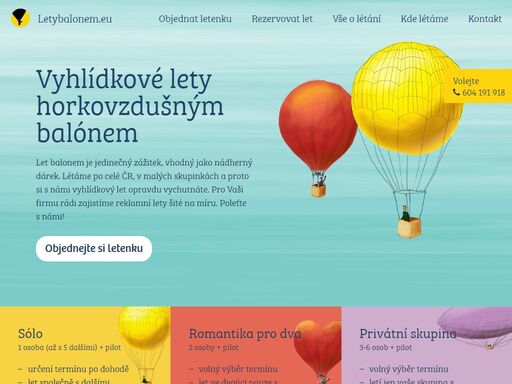 vyhlídkový let balónem je krásný zážitek. nabízíme vyhlídkové lety balónem pro soukromníky i reklamní lety pro firmy. létáme v koších od dvou do šesti osob v okolí prahy, slapské přehrady, konopiště, českého ráje, ale zajistíme lety i jinde po čr.