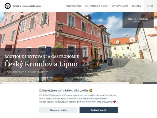 jedinečné ubytování v boutique hotelech a apartmánech v unesco centru českého krumlova a v aparthotelu na lipně. pestrá gastronomie. příjemná rodinná atmosféra, individuální péče, maximální komfort a diskrétnost. rezervujte přímo přes náš web a ušetřte!
