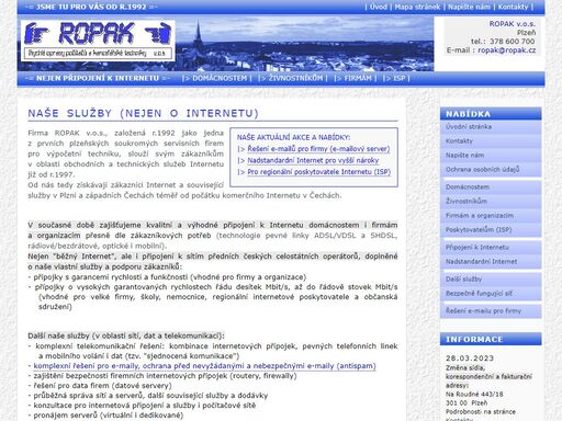 internet pro domácnosti a firmy (rychlosti až do stovek mbit/s), ale i řešení e-mailů, sítí a dat pro firmy, ochrana před nevyžádanými a nebezpečnými e-maily, správa sítí a serverů, propojení sítí přes internet (vpn), datové okruhy, telefonování (pevné linky i voip), webkamery, další služby. nepřetržitá zákaznická podpora. pro plzeň a západní čechy.