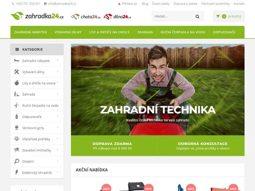 e-shop s nabídkou stavebních míchaček, slunečníků, lisů a drtičů na ovoce, potřeb pro včelaře, ručních pump, odpuzovačů zvěře i zahradních grilů.