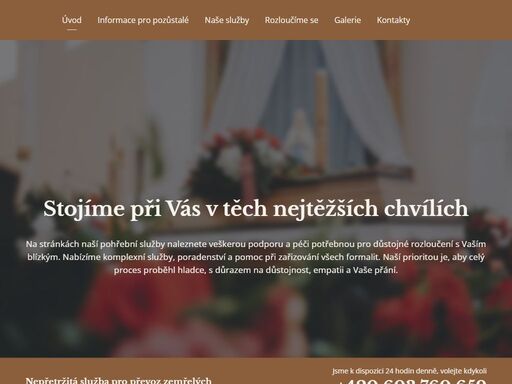 na stránkách naší pohřební služby naleznete veškerou podporu a péči potřebnou pro důstojné rozloučení s vaším blízkým. nabízíme komplexní služby, poradenství a pomoc při zařizování všech formalit. naší prioritou je, aby celý proces proběhl hladce, s důrazem na důstojnost, empatii a vaše přání.