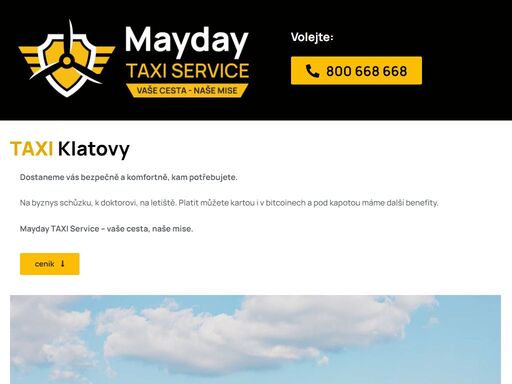 mayday taxi klatovy – nonstop jízdy 24/7. komfort, bezpečí a platba i kartou nebo bitcoinem. volejte 800 668 668. vaše cesta, naše mise.