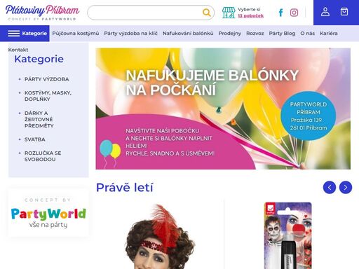 karnevalové kostýmy, doplňky a party výzdoba, dekorace na oslavy, večírky, svatební výzdoba. dětské oslavy a karnevaly. helium a balónky, svíčky, dárky a ptákoviny.