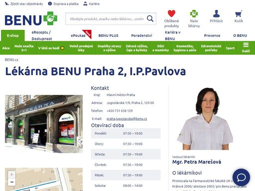 ?otevírací doba ve všední dny 8:00 - 19:00 a v sobotu 8:00 - 14:00. zaměřuje se na zubní a geriatrickou péči, déle na dětský sortiment a dermokosmetiku.?