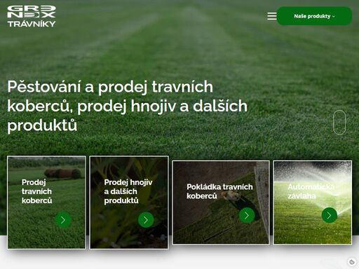 pěstování a prodej travních koberců, dále pokládáme travní koberce, realizujeme zahrady a automatické závlahy a provádíme údržbu zahrad.