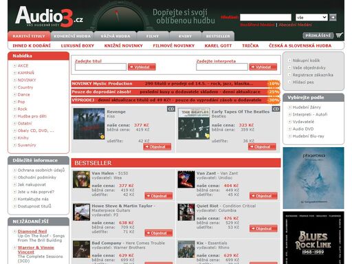 audio3.cz - váš hudební svět. nejlevnější hudební a filmový obchod na internetu! akční ceny pro vás. v prodeji 800 000 titulů.