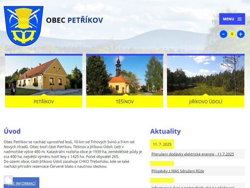 obec petříkov se nachází uprostřed lesů, 10 km od trhových svinů a 9 km od nových hradů. obec tvoří části petříkov, těšínov a jiříkovo údolí.