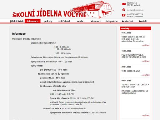 školní jídelna volyně - informace