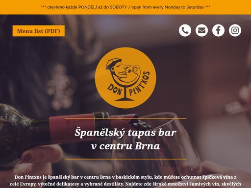 don pintxos je španělský bar v centru brna v baskickém stylu, kde můžete ochutnat špičková vína z celé evropy, výtečné delikatesy a vybrané destiláty. najdete zde široké množství šumivých vín, skvělých rakouských veltlínů či německých rieslingů, delikátních italských či francouzských vín z nejznámějších oblastí a nejširší nabídku španělských vín ve městě. přes 150 vín ve vinném lístku a další poklady z privátních sklepů majitelů pod pultíkem. to vše si můžete vychutnat v doprovodu španělských chuťovek – pitnxos (čti pinčos), španělské sušené šunky jamón, sýrů manchego, grilovaných krevet a dalších španělských nebo portugalských delikates.