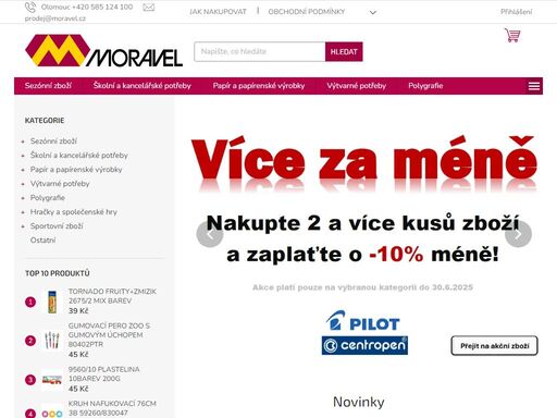 homepage. vítejte v e-shopu moravel
v našem sortimentu najdete vše potřebné jak do školy tak do kanceláří. nabízíme vám například: tužky, tuhy, plnící pera, barevné papíry, fotokartony, kancelářské strojky a mnoho dalšího. dále vám nabízíme sport i hračky jak pro kluky tak pro holky.
těší nás, že volíte náš e-shop…