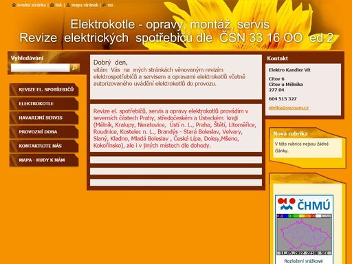 specializuji se na revize elektrických spotřebičů dle čsn 331600 ed.2,opravy a prodej elektrokotlů včetně záručního servisu ,  záručních  a pozáručních oprav elektrokotlů protherm,dakon, thermona,kopřiva praha, moratop.provádím i elektrikářské práce.
