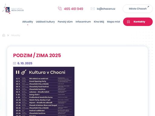 vítejte na webových stránkách kulturního zařízení města choceň.  sledujte aktuální dění v našem městě a plánované akce, rezervujte vstupenky do kina online, poznejte městské prostory pro vaši akci.