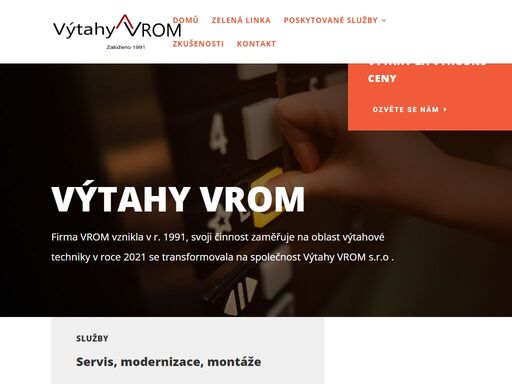 výtahy za výhodné ceny ozvěte se nám volat: +420 606 611 709 výtahy vrom firma vrom vznikla v r. 1991, svoji činnost zaměřuje na oblast výtahové techniky v roce 2021 se transformovala na společnost výtahy vrom s.r.o . služby servis, modernizace, montáže servisní činnostservis výtahového zařízení je zákonnou povinností každého provozovatele nebo majitele výtahu. víc […]