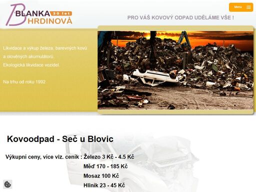 kovoodpad seč - blanka hrdinová - likvidace a výkup železa, barevných kovů a olověných akumulátorů. ekologické likvidace vozidel, kontejnetové vozy