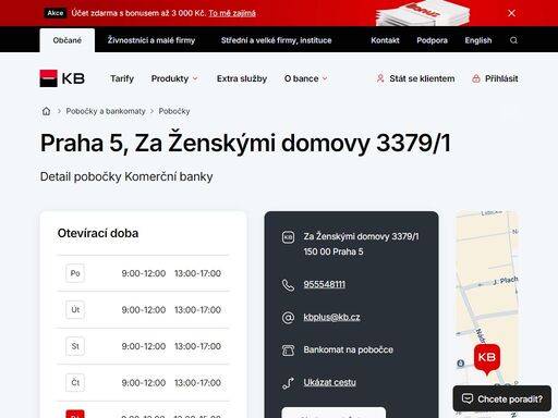 seznam a vyhledávání poboček a bankomatů komerční banky.