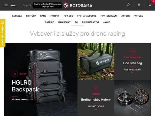 rotorama - závodní fpv drony, kvadrokoptéry a miniquad komponenty.