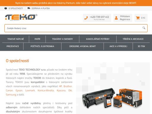 vyrábíme náplně do tiskáren značky teko. prodáváme tonery, inkoustové náplně a tiskárny. na našem e-shopu je k zakoupení také elektronika a kancelářské potřeby.