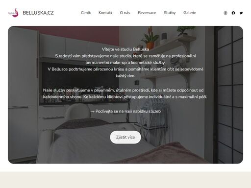 vítejte ve studiu belluskas radostí vám představujeme naše studio, které se zaměřuje na profesionální permanentní make-up a kosmetické služby.v bellusce podtrhujeme přirozenou krásu a pomáháme klientům cítit se sebevědomě každý den. naše služby poskytujeme v příjemném, útulném prostředí, kde si můžete odpočinout od každodenního shonu. ke každému klientovi přistupujeme individuálně a s maximální péčí. ›