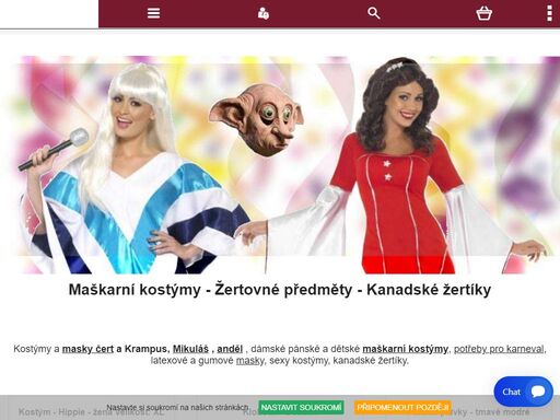 maškarní kostýmy, latexové a gumové masky, trička s potiskem, žertovné dárky