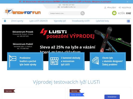 největší specializovaná prodejna, showroom a testcentrum lyží lusti v praze. profesionální servis lyží a snowboardů na strojích montana. prodej sportovního zboží zn. dalbello, leki, kilpi, head, vist, smith.
