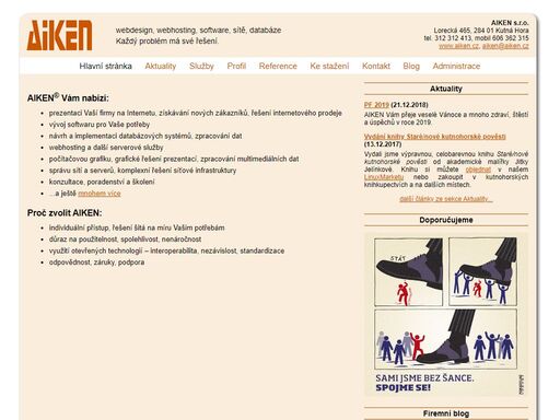 aiken s.r.o., kutná hora: webdesign, webhosting, vývoj a poskytování softwaru, návrh a implementace databázových systémů, počítačová grafika, správa sítí a serverů, konzultace, školení, systémová integrace.