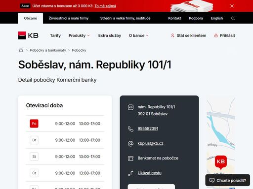 seznam a vyhledávání poboček a bankomatů komerční banky.