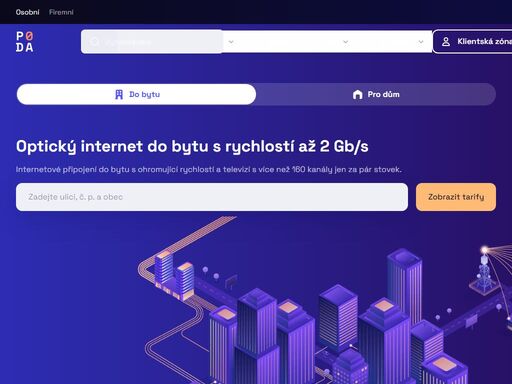 internetové připojení do bytu s rychlostí až 2 gb/s a tv s více než 160 kanály jen za pár stovek. zjistěte dostupnost optického nebo bezdrátového internetu.