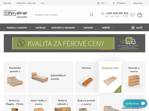 jsme specializovaný obchod na postele z masivu a s tím související sortiment jako jsou matrace, postelové rošty, komody, skříně, dubový nábytek a mnoho dalších produktů.