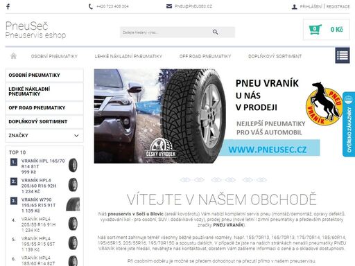 vítejte v našem obchodě. náš pneuservis v seči u blovic (areál kovošrotu) vám nabízí kompletní servis pneu (montáž/demontáž, opravy defektů, vyvažování kol - pro osobní, suv i dodávkové vozy), prodej pneu (nové letní i zimní pneumatiky a především protektory značky pneu vraník).
náš sortiment zahrnuje téměř všechny…