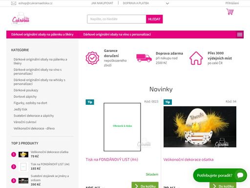 vítejte v e-shopu cukrárna eliška. obchod nejen s cukrářskými surovinami a potřebami.stejně jako v naší cukrářské výrobě, tak i v e-shopu dbáme na vysokou kvalitu surovin od prověřených dodavatelů.v případě jakýchkoliv dotazů jsme tu pro vás na naší zákaznické lince +420 777 212 723 nebo na e-mailu eshop…