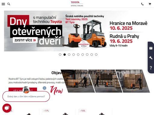 toyota material handling nabízí komplexní řešení pro manipulační techniku – vysokozdvižné vozíky (vzv), paletové vozíky, retraky, tahače a automatizované systémy. zajistíme servis vzv, kurzy na vysokozdvižné vozíky, správu flotily, pronájem techniky a řešení pro vysokohustotní skladování, jako jsou radioshuttle nebo regálová řešení. objevte spolehlivost a inovace s technologií li-ion.