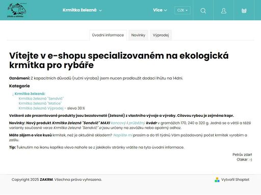 vítejte v e-shopu specializovaném na ekologická krmítka pro rybáře. omlouvám se, ale z kapacitních důvodů jsem nucen prodloužit dodací lhůtu na 14dní. proto prosím objednávejte včas před vaší plánovanou rybářskou výpravou. jako malou kompenzaci vám ke každé objednávce přibalím dárek zdarma - některý produkt z…